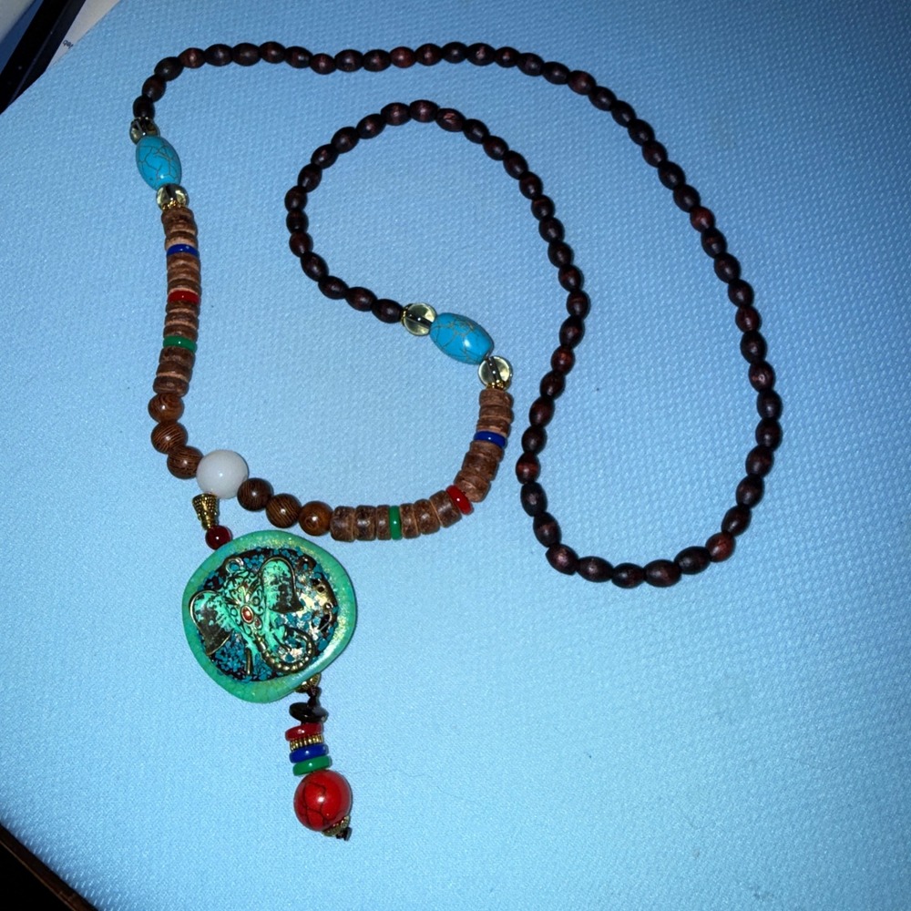 Elephant Pendant Necklace Boho Wood Bead Statement